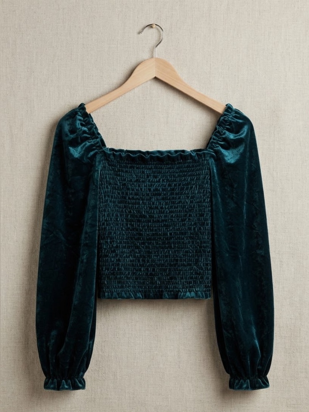 Laundry by Shelli Segal Teal Velvet Smocked Crop Top Puff Sleeve Blouse M